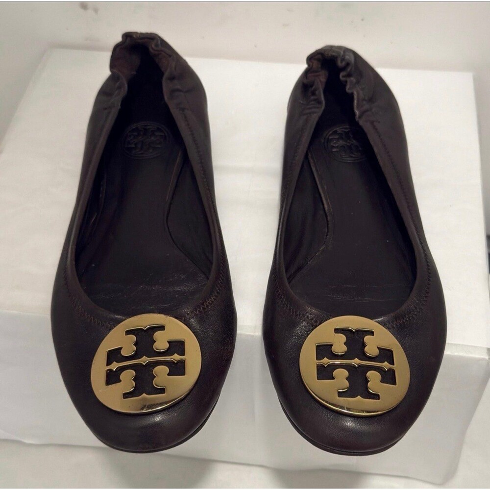 Tory Burch Brown Leather Ballet Flats Gold Logo Size 7